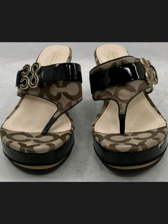 Coach Shoes - Coach Brown Signature Monogram Platform Thong Sandals with Black Patent Accent